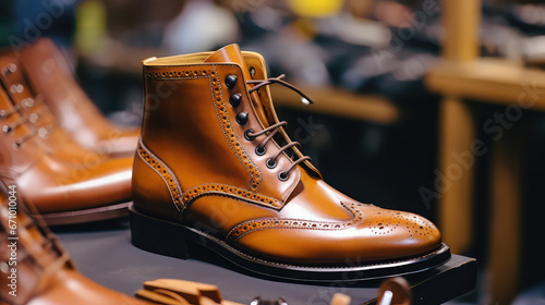 Close-up of quality male leather boots. Creative concept of leather workshop, repair and manufacture of luxury shoes to order.