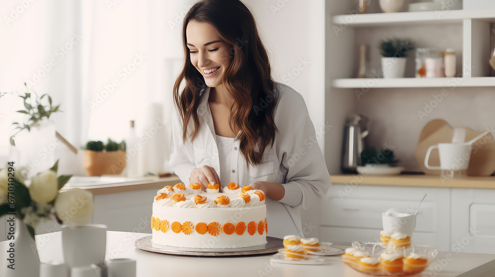 Homemade pastry shop. Happy young female pastry chef preparing a delicious birthday cake in the kitchen. Homemade pastry shop. Happy young female pastry chef preparing a delicious birthday cake in the kitchen.