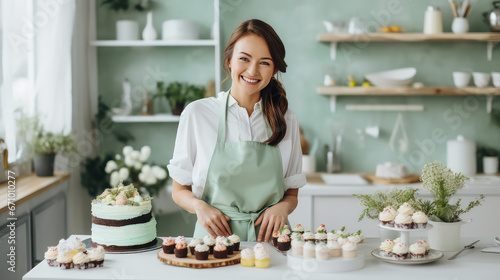 Homemade pastry shop. Happy young female pastry chef preparing a delicious birthday cake in the kitchen.  photo