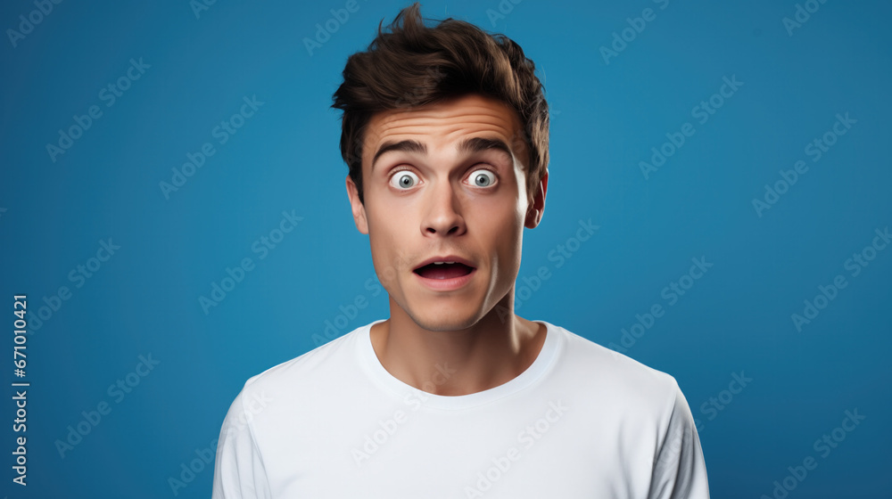 Naklejka premium A male model on a blue studio background, looking surprised and amazed, wearing a white t-shirt.