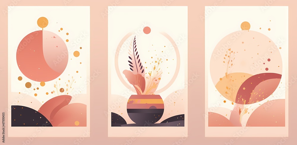 a set of holiday cards with different objects in them, minimalist palette, light pink and amber, digital as manual, earthy colors, lovely, simple, rounded