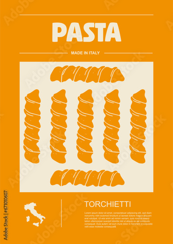 Italian macaroni types, labels for packages set. Torchietti pasta. Organic and natural product, gourmet ingredient for cooking dishes. Handmade and tasty. Vector in flat style photo