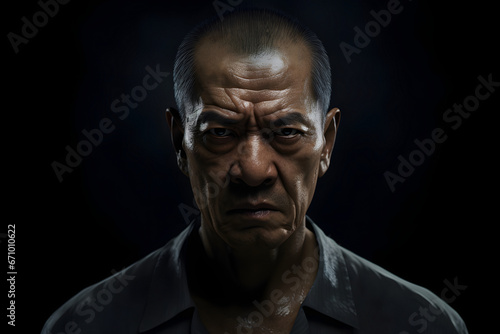 Angry mature Asian man, head and shoulders portrait on black background. Neural network generated image. Not based on any actual person or scene.