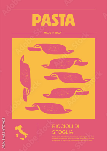 Italian macaroni types, labels for packages set. Riccioli di sfoglia pasta. Organic and natural product, gourmet ingredient for cooking dishes. Handmade and tasty. Vector in flat style