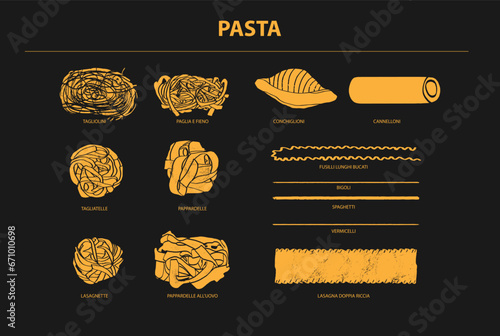 Pasta elements collection. Italian food set. Vintage textured style. Tagliatelle, noodle, tagliolini, pallia, fine, pappardelle, lasagnette, conchiglioni, cannelloni, fussilli, lunghi, bucati, bigoli photo