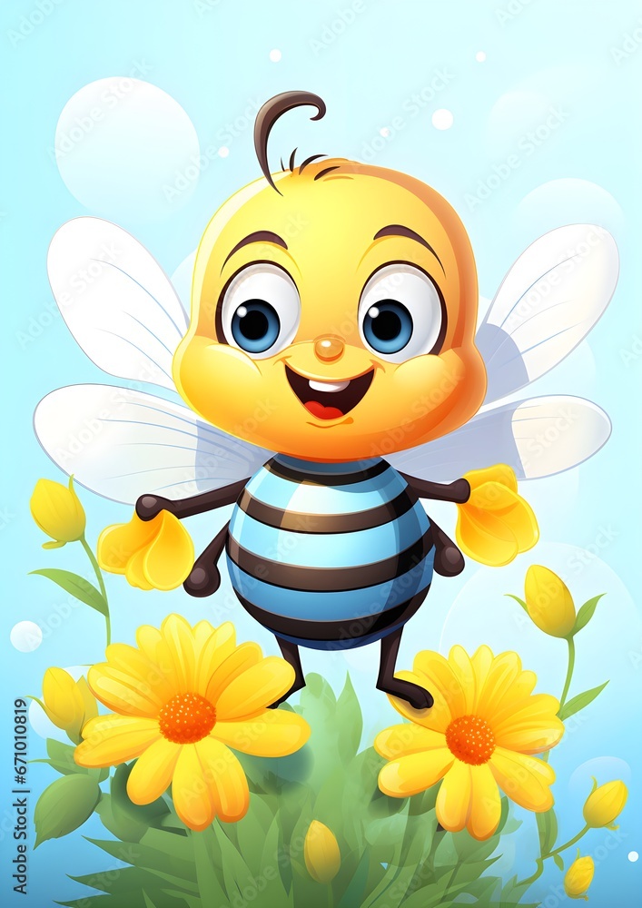 Obraz premium cartoon bee, cute bee, illustration, insect, eats honey, collects pollen and nectar, beekeeping consept