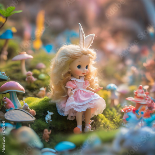 Wonderland. A little girl in a wonderful country, a magical forest of toys, bunnies and fairies 