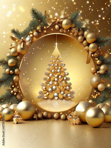 Luxury Golden Christmas Tree Ornament Frame with Festive Holiday Background 