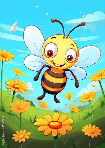 cartoon bee, cute bee, illustration, insect, eats honey, collects pollen and nectar, beekeeping consept