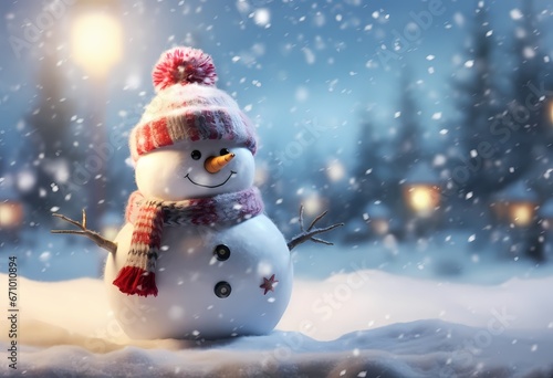 little snowman in santa hat sitting in the snow, ethereal light effects, whimsical landscapes, bokeh panorama, caricature-like © IgnacioJulian