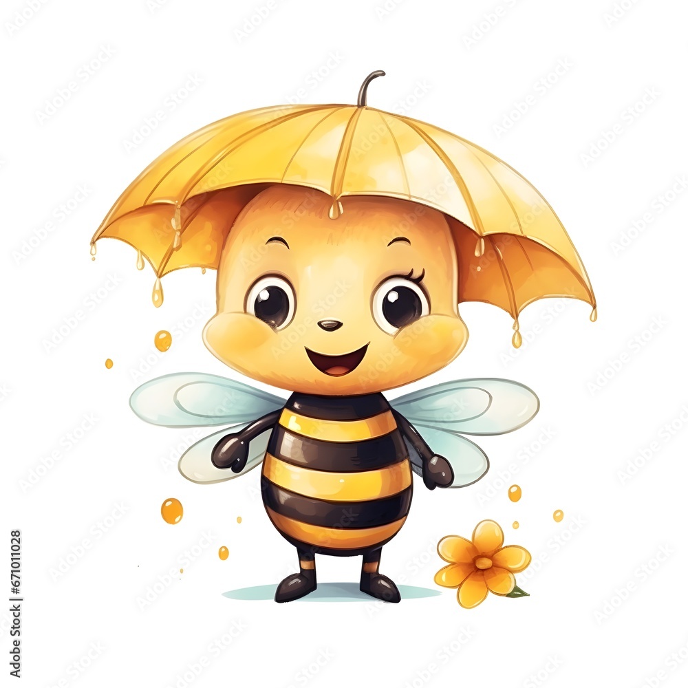 Obraz premium cartoon bee, cartoon character, cute bee, illustration, kind insect, eats honey, collects pollen and nectar, beekeeping