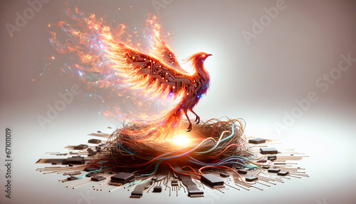 digital phoenix rising from a nest of circuits and wires on a white background. The phoenix glows with a spectrum of fiery digital colors,