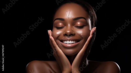 Beauty portrait of African American girl with smooth healthy skin, happy smiling, beauty and cosmetics advertising concept, black woman in studio clear lighting, AI generative