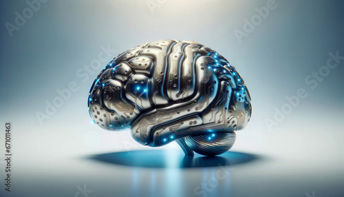 metallic brain, shining under soft overhead lighting.  The brain has intricate circuits embedded on its surface, glowing faintly in blue.