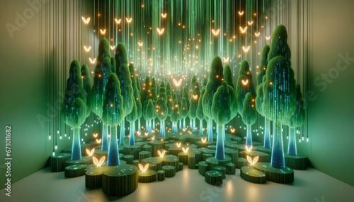 digital forest, where the trees are made of cascading binary code in shades of green. Glowing fireflies, shaped like 0s and 1s, flutter around, adding to the magical ambiance