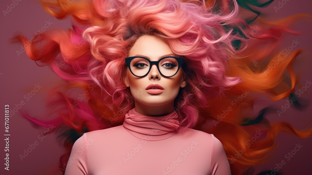 beautiful woman with colorful hair and cloths wearing glasses in Stylish posing as supermodel on pink studio background,  Generative AI