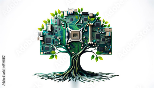 motherboard tree on a white background, its branches sprawling out with circuit-patterned leaves. The tree trunk is made of intertwined cables,