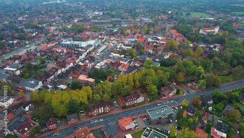 Aerial around the city Aurich in Germany on a cloudy day in autumn. photo