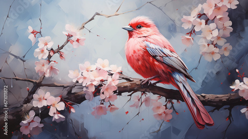 Image of a small pink bird on a cherry blossom branch © NadinMich