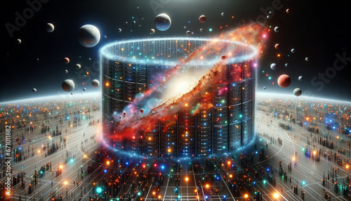 cosmic database, resembling a galaxy where stars are replaced by glowing data points and swirling nebulae are made of colorful algorithms. Orbiting the database are digital planets.