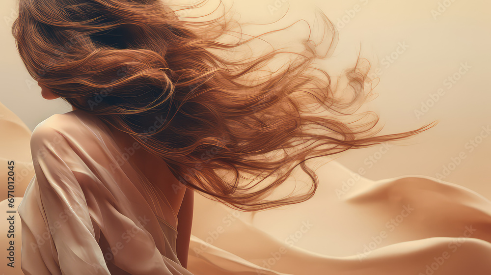 Naklejka premium Long female hair fluttering in the wind on flat color background with copy space. Beautiful healthy hair. 