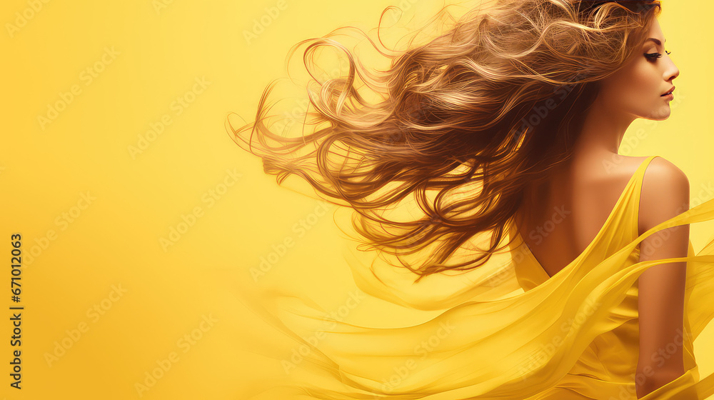 Long female hair fluttering in the wind on flat color background with copy space. Beautiful healthy hair. 
