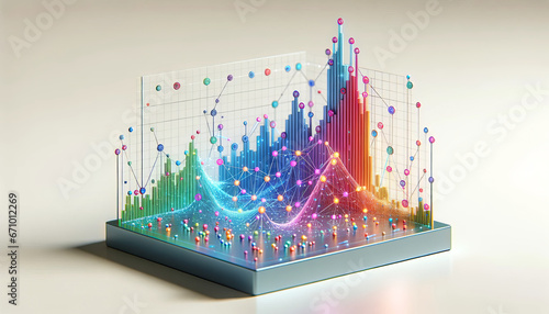 3D holographic graph, showing clusters of data points in vibrant colors. The graph is interactive, with touchpoints and digital projections, symbolizing machine learning data visualization