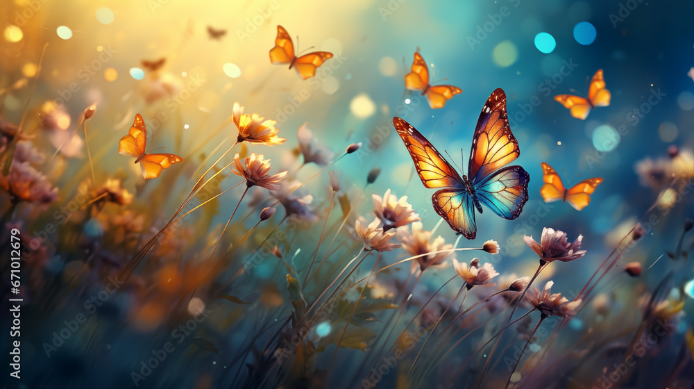 Oil painting style illustration of colorful butterflies on the flowers