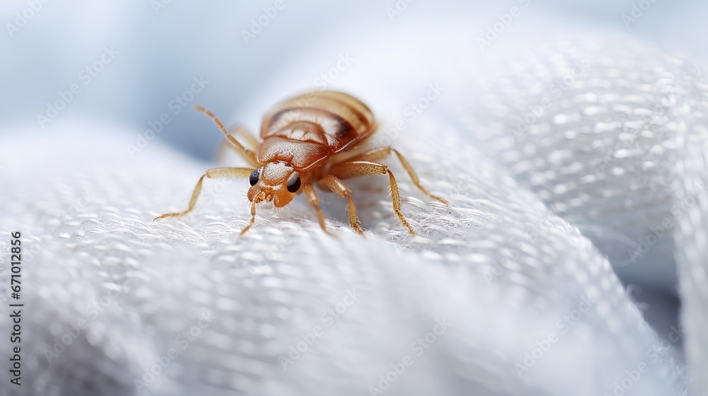 Closeup image of bed bugs crawling on a white cloth. Increasing issue of insect invasions and infestations in Europe. The image highlights the need for effective pest control measures. - obrazy, fototapety, plakaty 