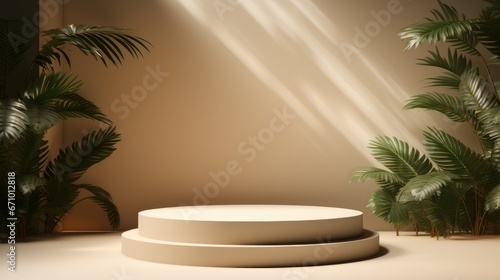 Podium in abstract soft cream room composition for product presentation with tree jungle, Generative AI