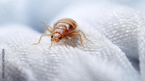 Closeup image of bed bugs crawling on a white cloth. Increasing issue of insect invasions and infestations in Europe. The image highlights the need for effective pest control measures. photo