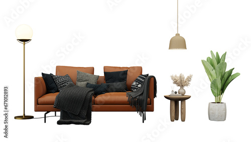 Interior furniture set 3D render. Living room house floor template background mockup design , isolated on transparent background photo