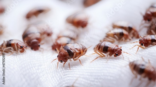 Closeup image of bed bugs crawling on a white cloth. Increasing issue of insect invasions and infestations in Europe. The image highlights the need for effective pest control measures. © TensorSpark