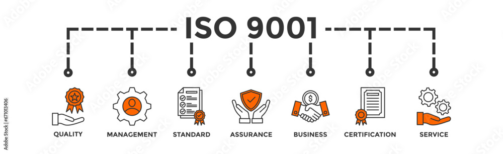 ISO 9001 banner web icon vector illustration concept with icon of quality, management, standard, assurance, business, certification and service ISO 9001 banner web icon vector illustration concept with icon of quality, management, standard, assurance, business, certification and service