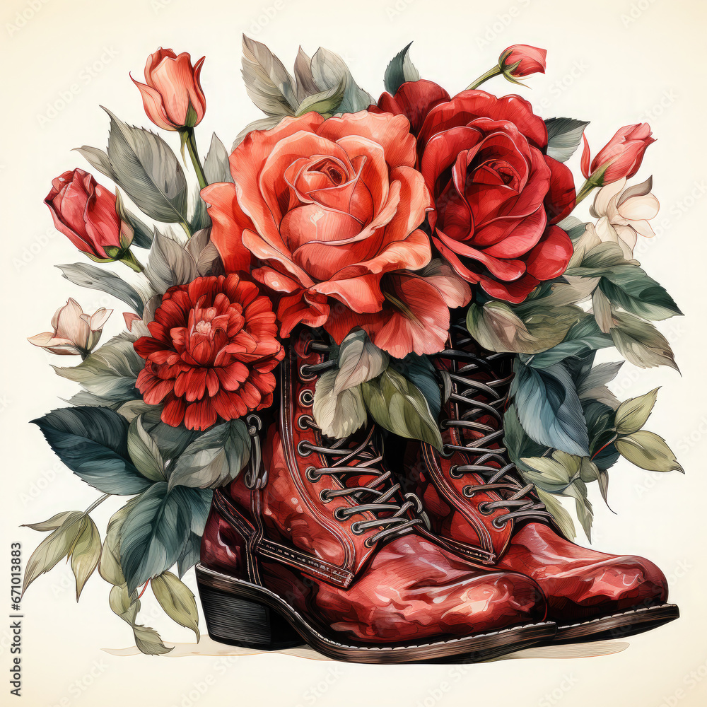 Watercolor Red cowboy boot with red roses white background Clipart ...