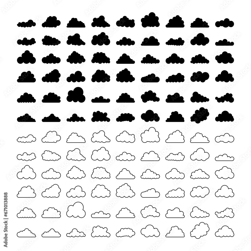 Fototapeta premium Set of Clouds silhouettes. Abstract white cloudy set. Vector stock illustration