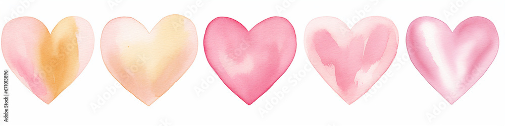 Watercolor Love Valentine Heart Set. Multicolour Hearts. Hand Painted Watercolour. Generative AI