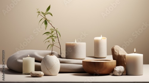 Collection of aroma candles, warm aesthetic composition. Cozy home comfort, relaxation and wellness concept. Interior decoration mockup.