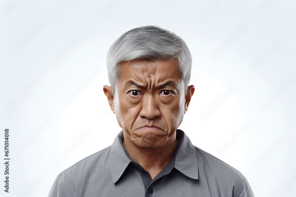 Angry mature Asian man, head and shoulders portrait on white background. Neural network generated image. Not based on any actual person or scene. Angry mature Asian man, head and shoulders portrait on white background. Neural network generated image. Not based on any actual person or scene.