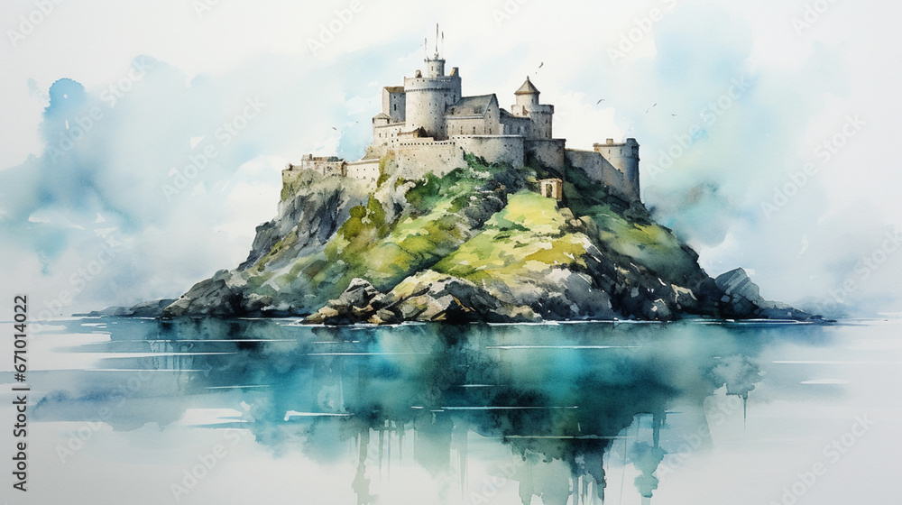 A fortress on the island, watercolor painting