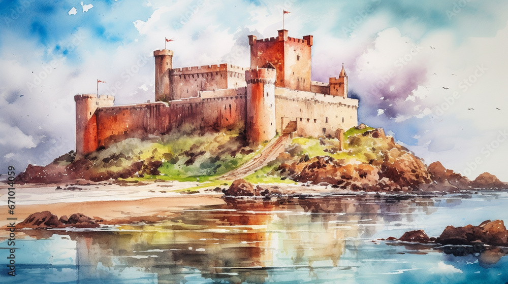 A fortress on the island, watercolor painting