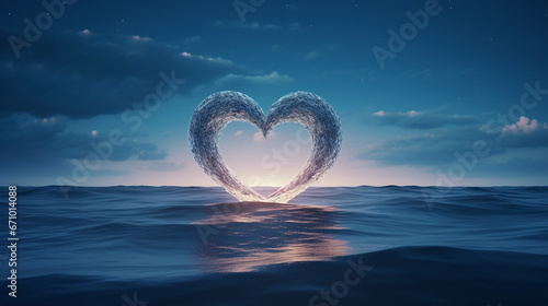 The moon is reflected in the ocean and splashes of water form a heart
