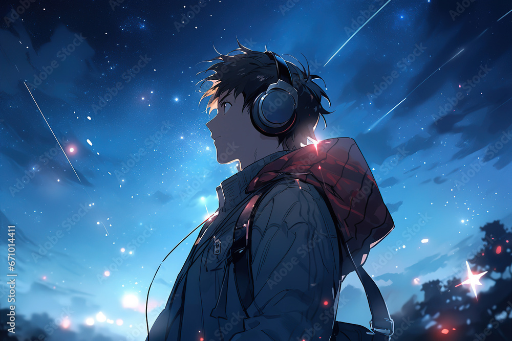 Obraz premium anime guy listens to music in large headphones against the background of the night starry sky, profile view