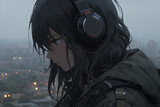 portrait of a sad lonely anime girl listening to music with big headphones in the rain