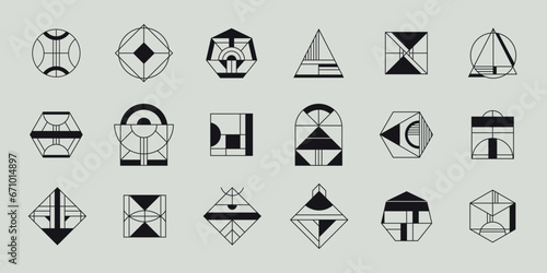 Vector set of geometric shape logos, hipster, art deco line signs. Minimal signs, design elements, arches, circles and hexagons