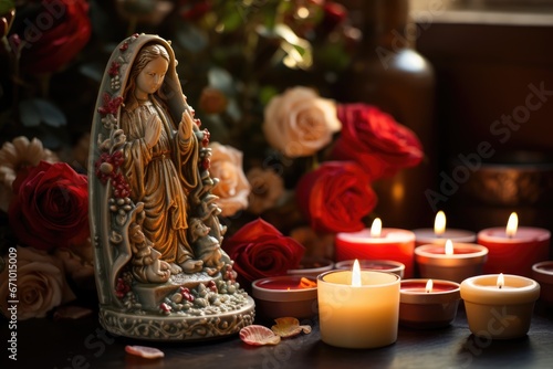 Christian altar with Virgin Mary statue decorated with flowers and candles. Las Posadas, Assumption, Solemnity, Visitation, Nativity of blessed Virgin mary celebration photo
