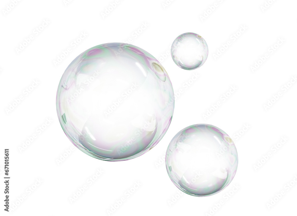 3D Soap bubble floating on white background. Water foam bubbles with rainbow colors. Realistic iridescent ball. Soap transparent balloon. 3D Rendering - obrazy, fototapety, plakaty 