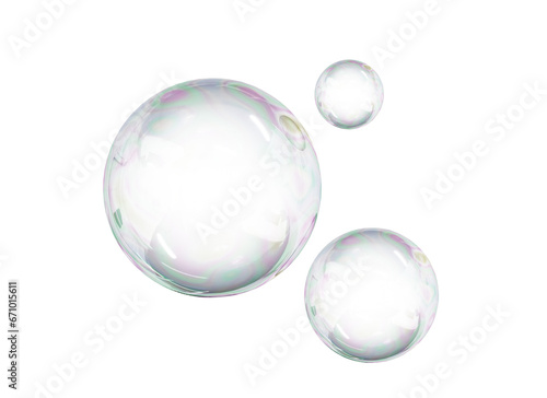 3D Soap bubble floating on white background. Water foam bubbles with rainbow colors. Realistic iridescent ball. Soap transparent balloon. 3D Rendering photo