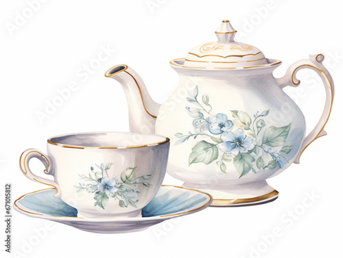 Vintage Floral Porcelain Ceramic Teacup and Teapot with Flowers. Vintage card. Watercolor Hot Tea Set, Afternoon Tea, Tea Cup with Tea Pot. Retro Drink. Generative AI.