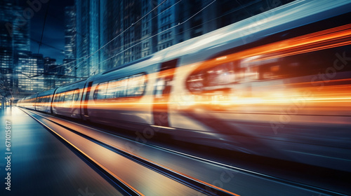 High speed train on blurred motion railway at sunset